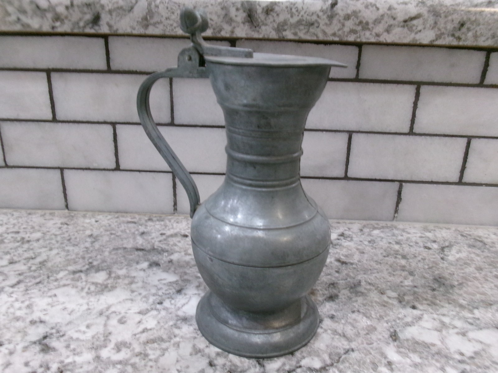 Antique Pewter Pitcher, Acron Thumb-Lift Hinge Lid 6.5 Antique Pewter Pitcher, Acron Thumb-Lift Hinge Lid 6.5