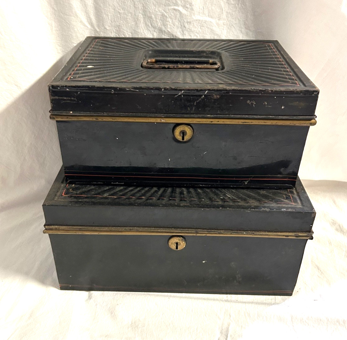 2 Antq Painted Black Tin cash Bankers Boxes From The 1800's 2 Antq Painted Black Tin cash Bankers Boxes From The 1800's