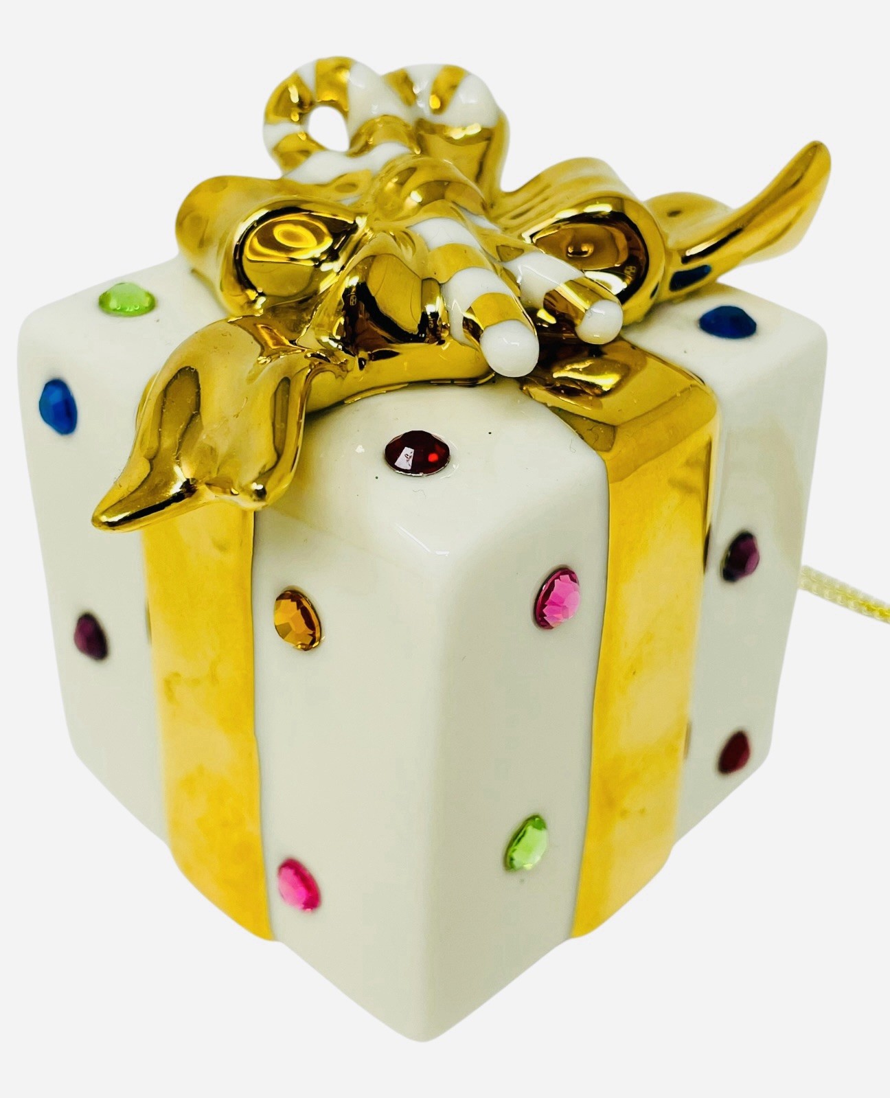 Lenox 2003 Jeweled Gift Box Ornament Beautiful Crystals Bone China Gold Ivory