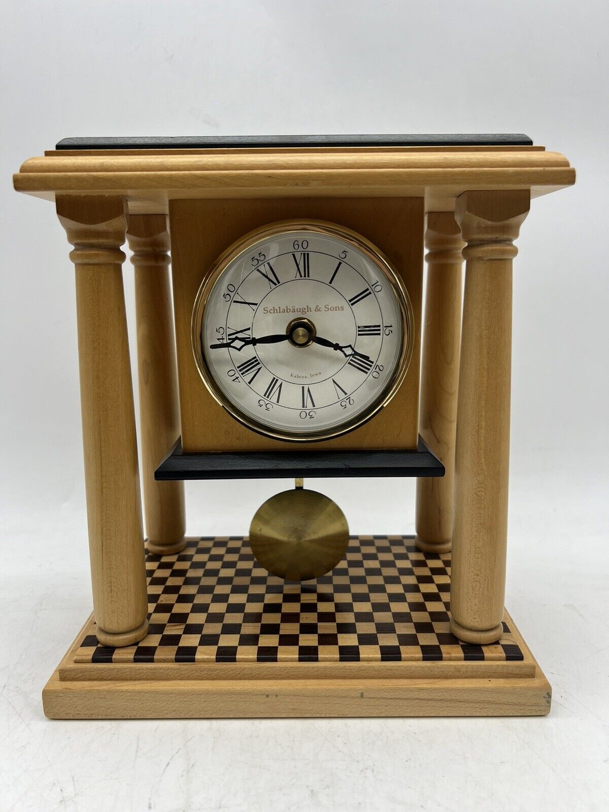 Schlabaugh & Sons Mantel Clock w/ Pendulum Kalona, Iowa Works Great