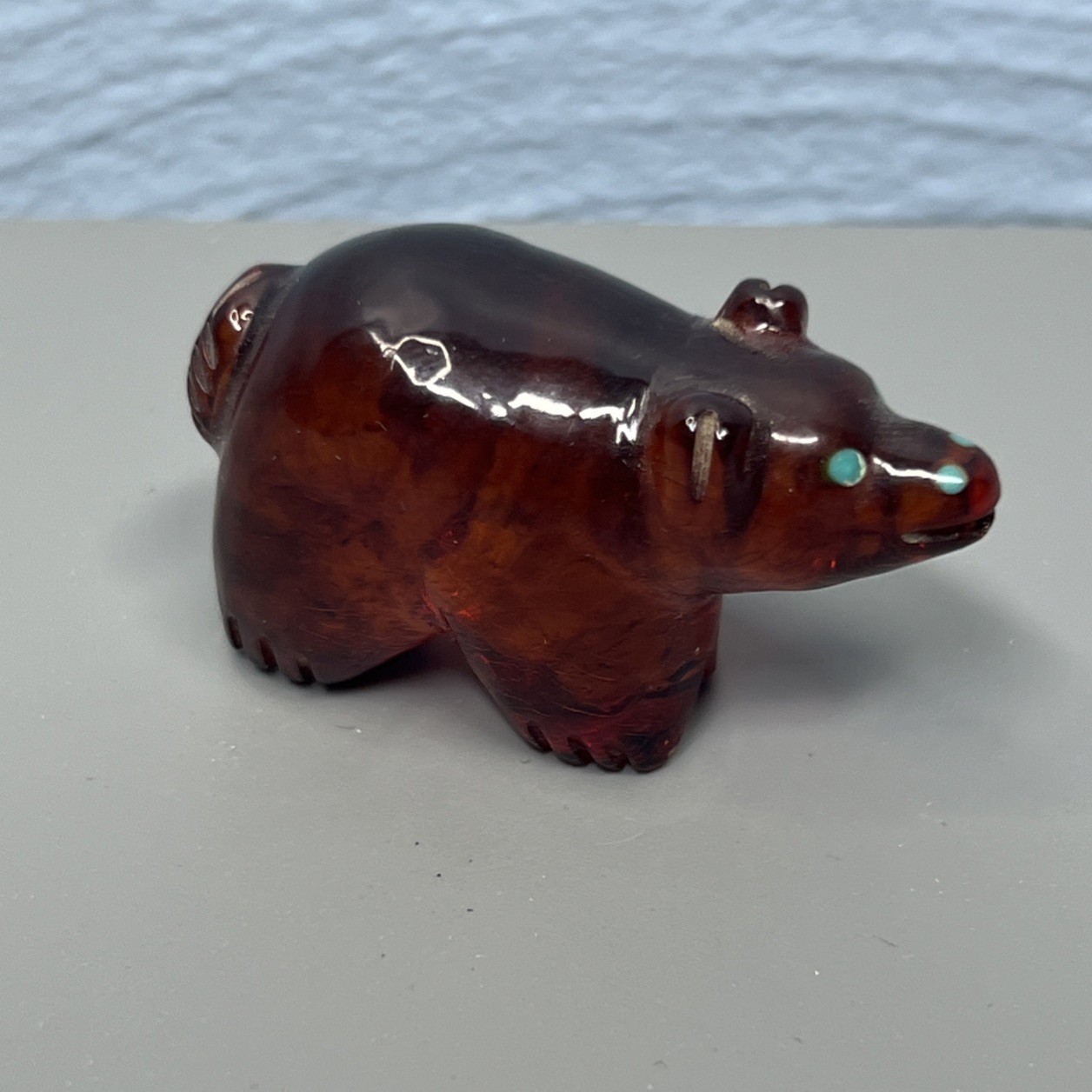 Vintage Hand Carved Grizzly Bear Fetish Figurine Amber Stone Turquoise Eyes 