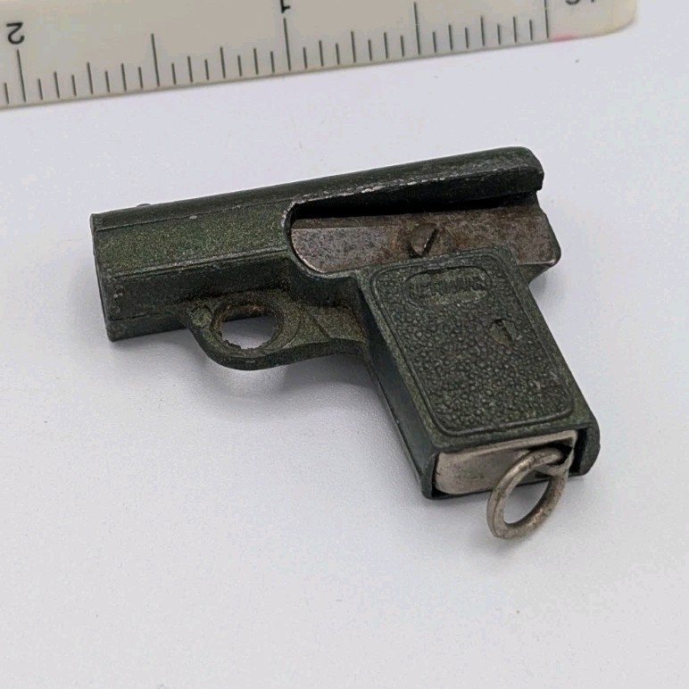 Antique 1920s German Die-Cast Mini Pistol Pencil Sharpener w/ Eraser Complete