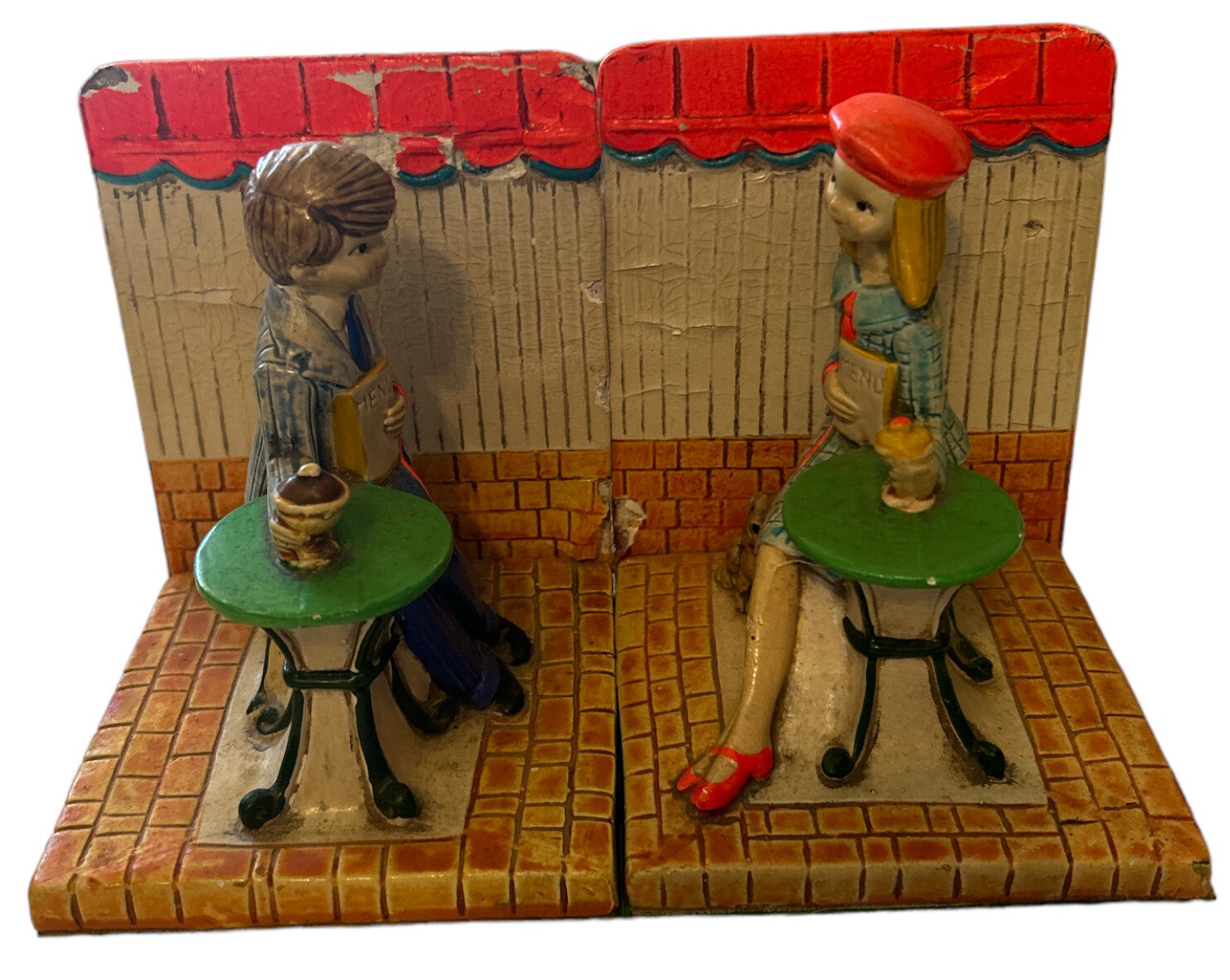 Vtg BOOKENDS EARL BERNARD Teens Ice Cream Shop 1960’s Japan CHALKWARE Read