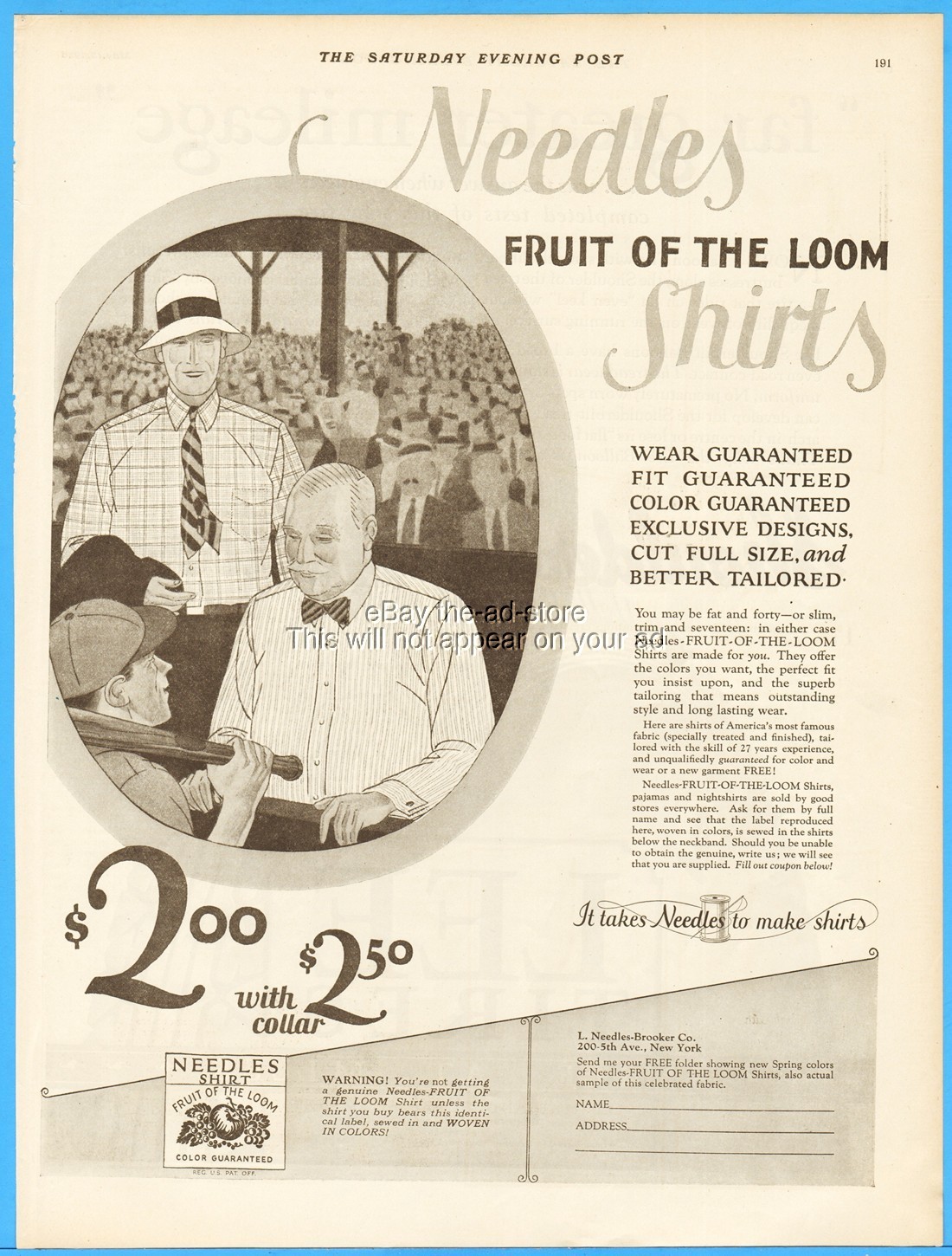 1926 L. Needles Brooker Co New York Fruit of the Loom Shirt 1920\'s Baseball Ad