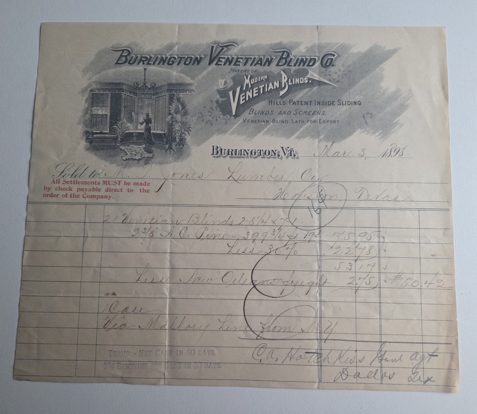 1898 Burlington Venetian Blind Co Illustrated Billhead Invoice Vermont Antique
