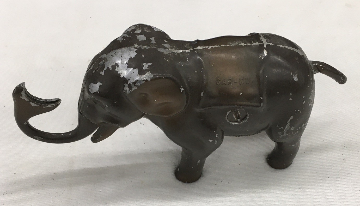 Vintage Gar-Ru Metal Elephant Bank - Works Trunk Shoots Coin Inside, C-2 Vintage Gar-Ru Metal Elephant Bank - Works Trunk Shoots Coin Inside, C-2