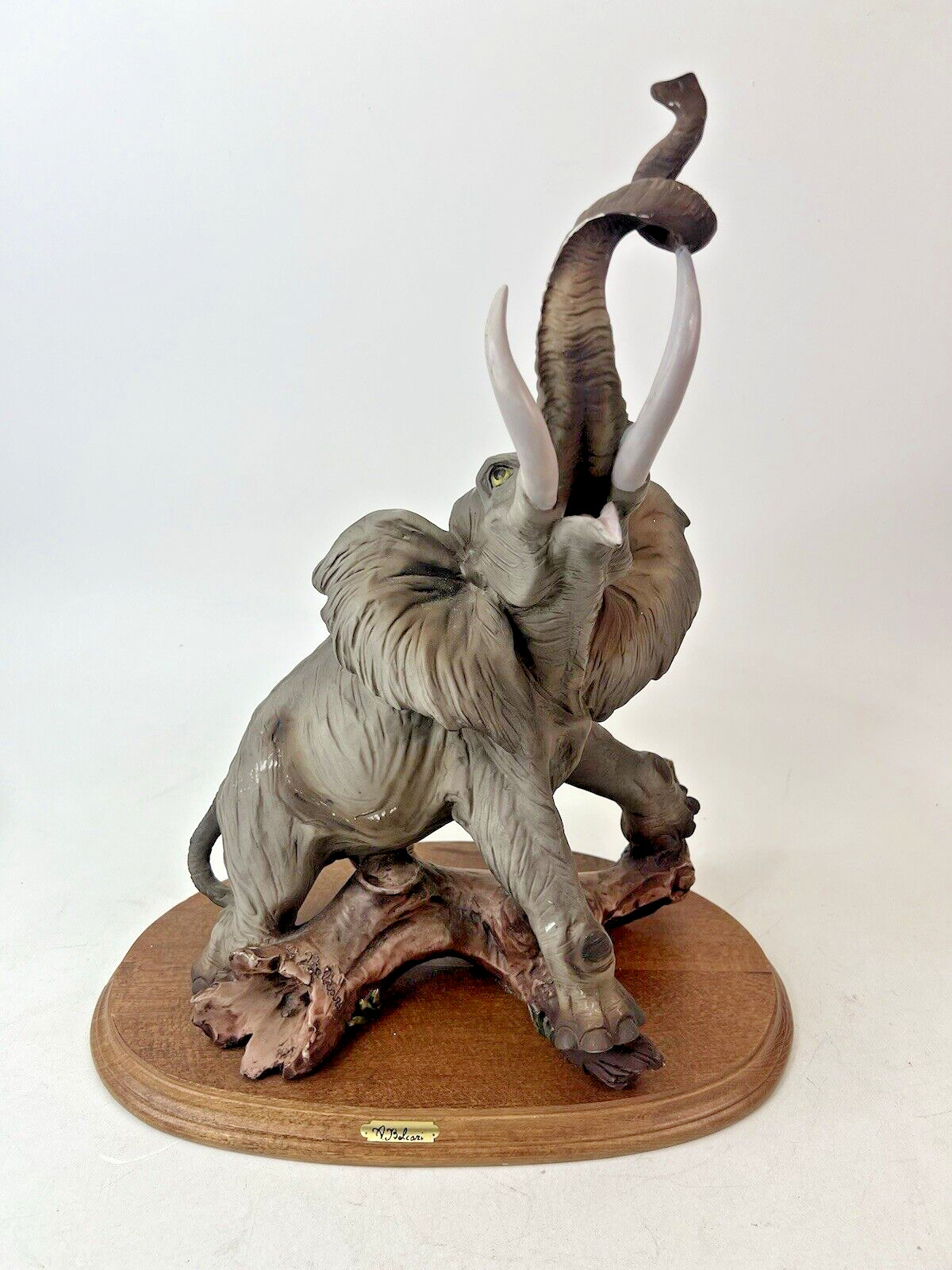 A. Belcari Beautiful Trumpeting Gray Elephant on a Log Figurine 16”