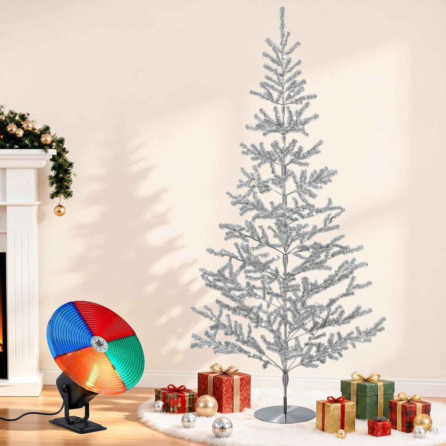 5FT Vintage Aluminum Christmas Tree with Rotating 4-Color Wheel, Silver Tinsel
