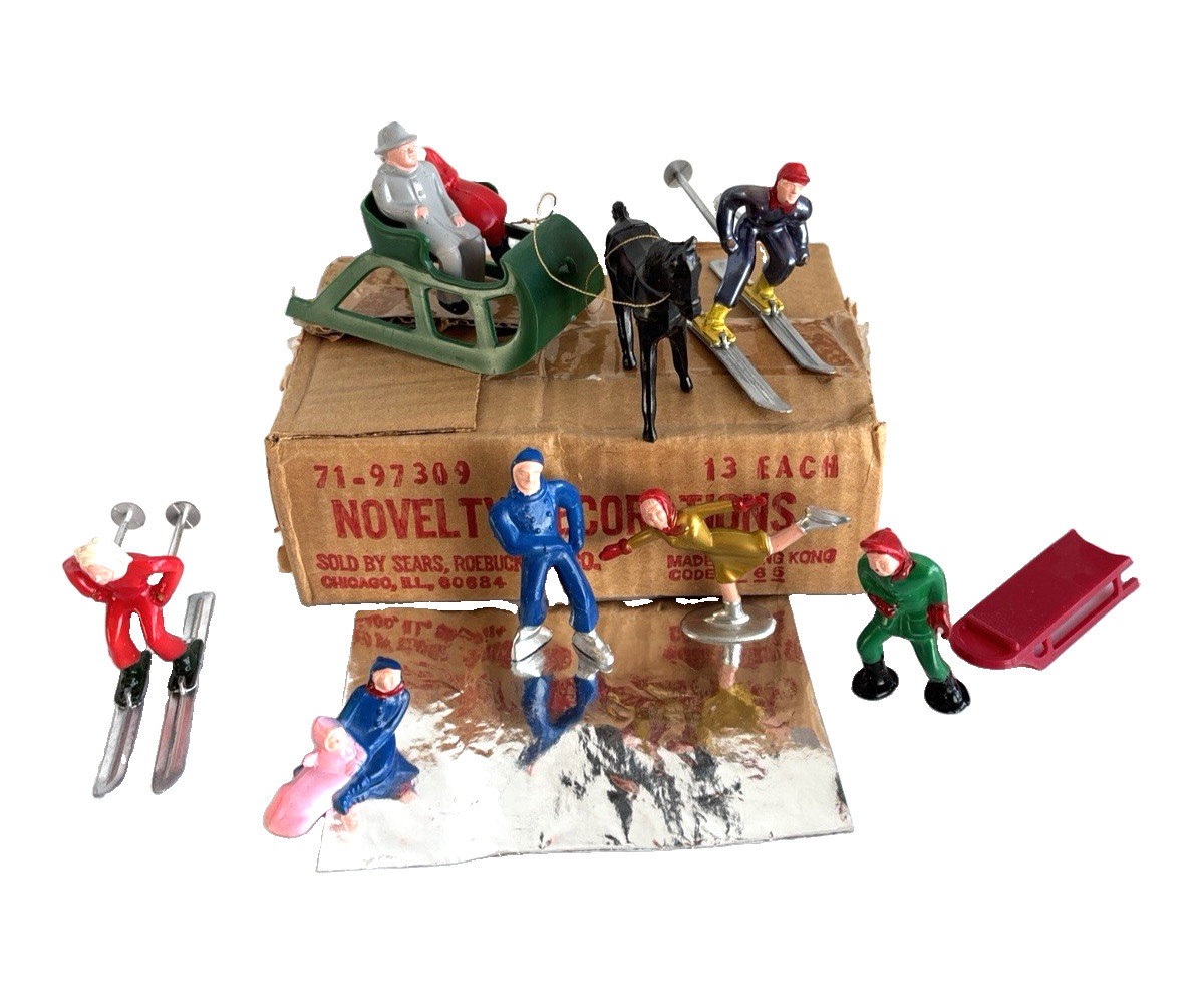 Vintage Barclay 12 Plastic Christmas Village Figures Lot With Original Box