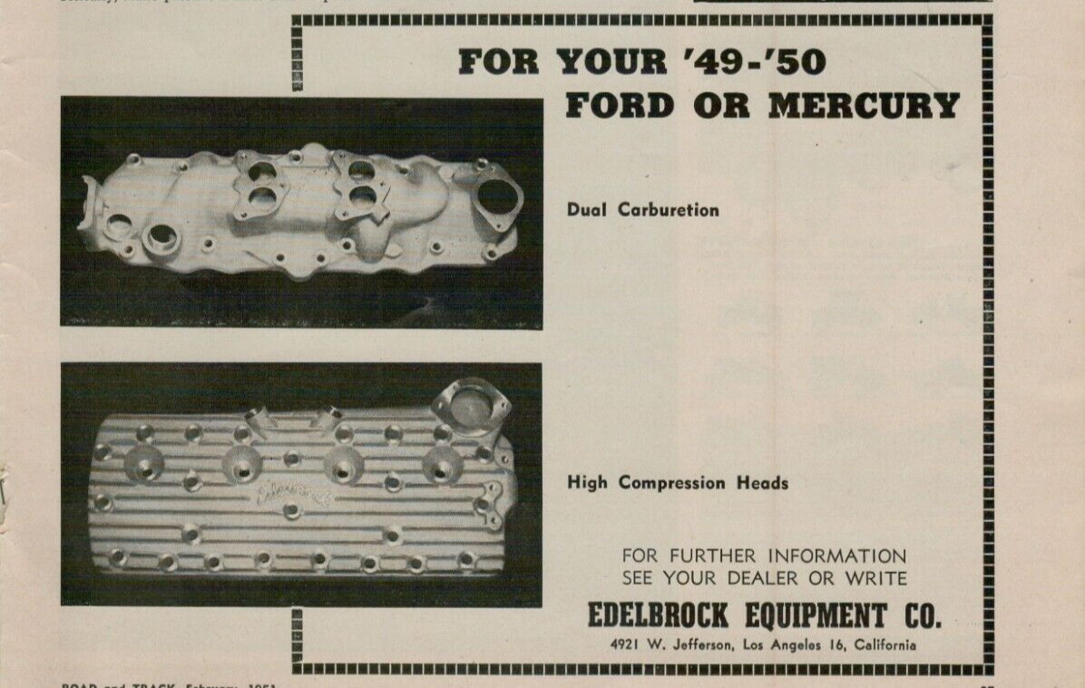 1951 Edelbrock Dual Carbs High Compression Heads 1949 1959 Ford Vintage Print Ad 1951 Edelbrock Dual Carbs High Compression Heads 1949 1959 Ford Vintage Print Ad