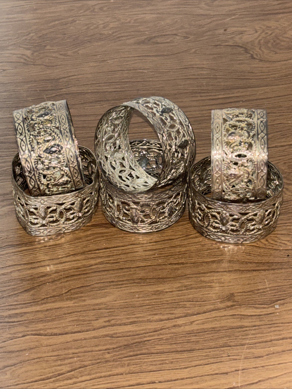 Vintage Silver Plated Filigree Set of Six - 1.75”W Napkin Rings Dented, Discolor Vintage Silver Plated Filigree Set of Six - 1.75”W Napkin Rings Dented, Discolor