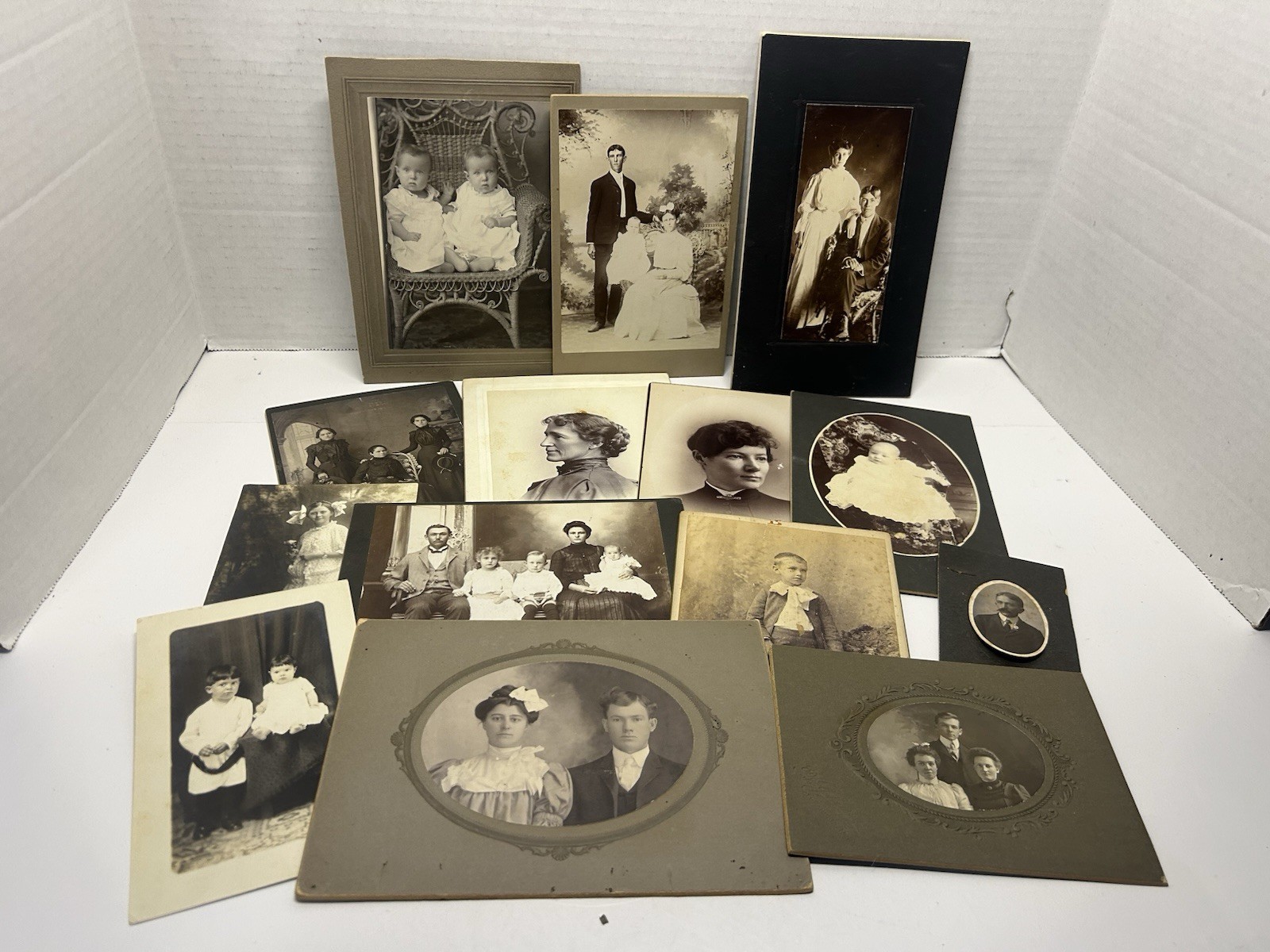 Lot Of 14 Vintage Photographs Photos 1896 B&W Men Women Babies Post Cards