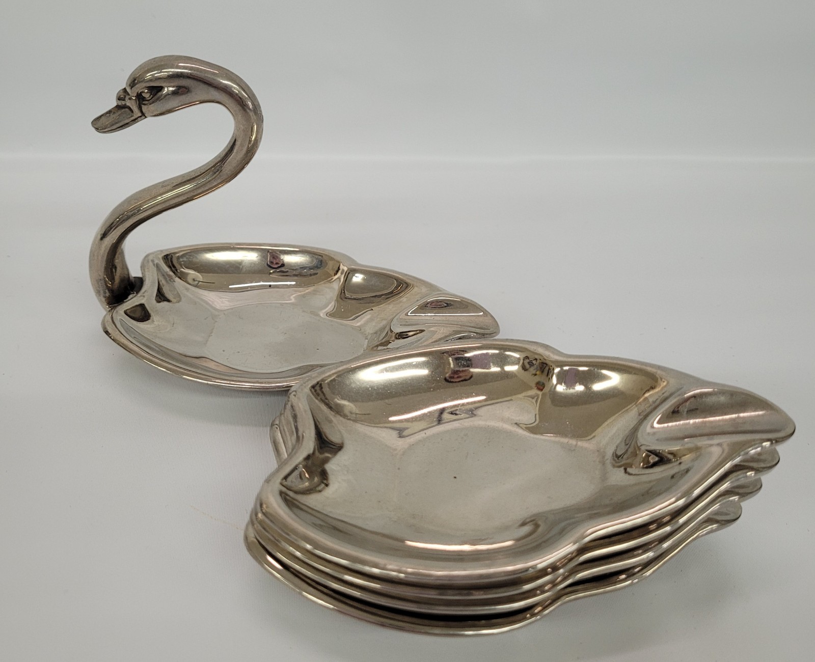 Vintage Mid Century Silver Nesting Swan Ashtray Set Stacking Trinket