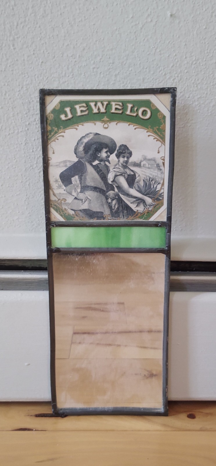 Vintage Embossed Jewelo Cigar Box Label stained glass folk art mirror handmade 