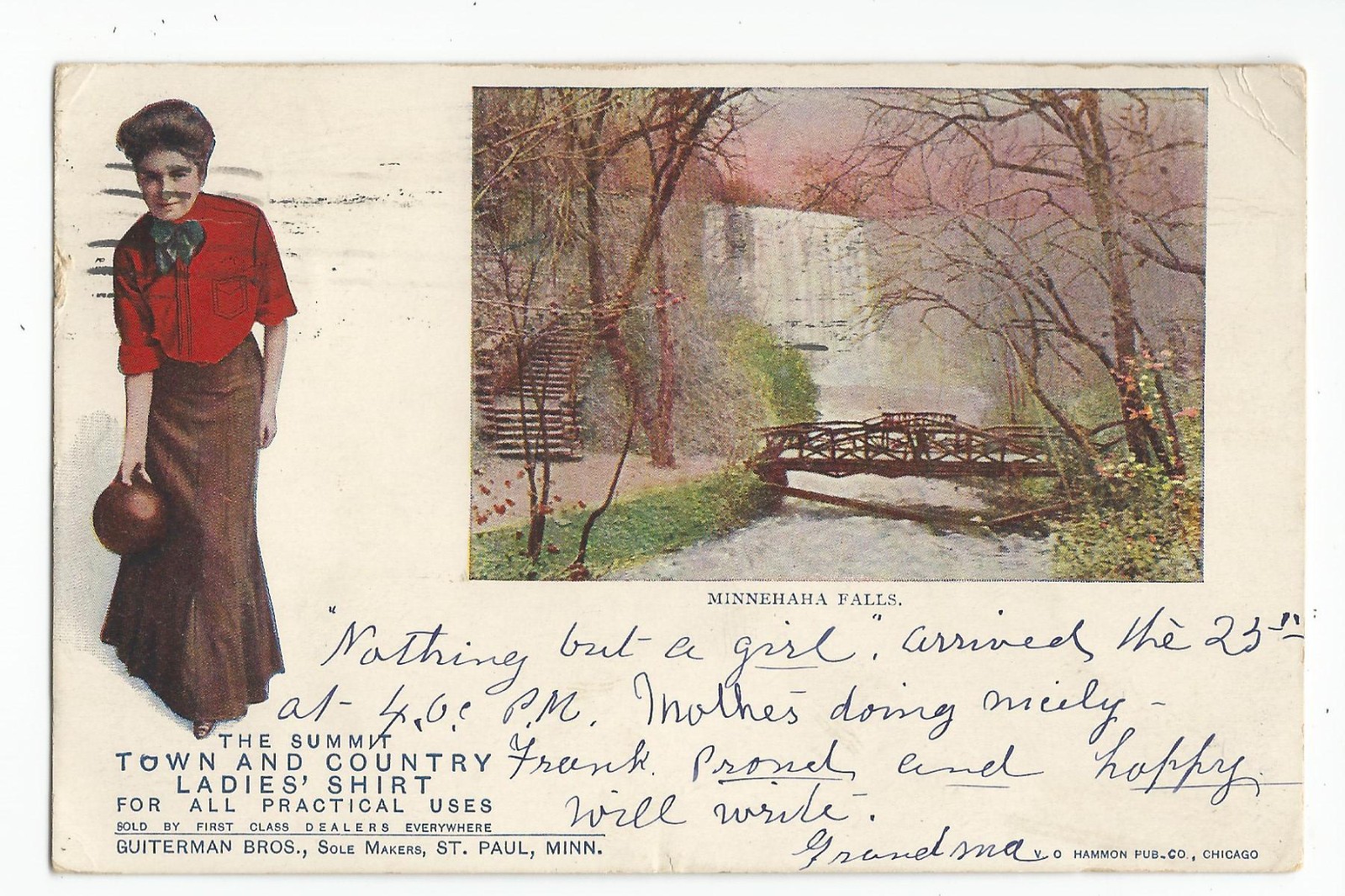 Postcard: Town & Country Ladies\' Bowling Shirt; Minnehaha Falls, Minnesota, 1906 Postcard: Town & Country Ladies\' Bowling Shirt; Minnehaha Falls, Minnesota, 1906