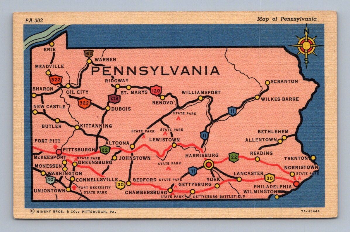 Vintage Pennsylvania Map PITTSBURGH Philadelphia State Keystone 1950s
