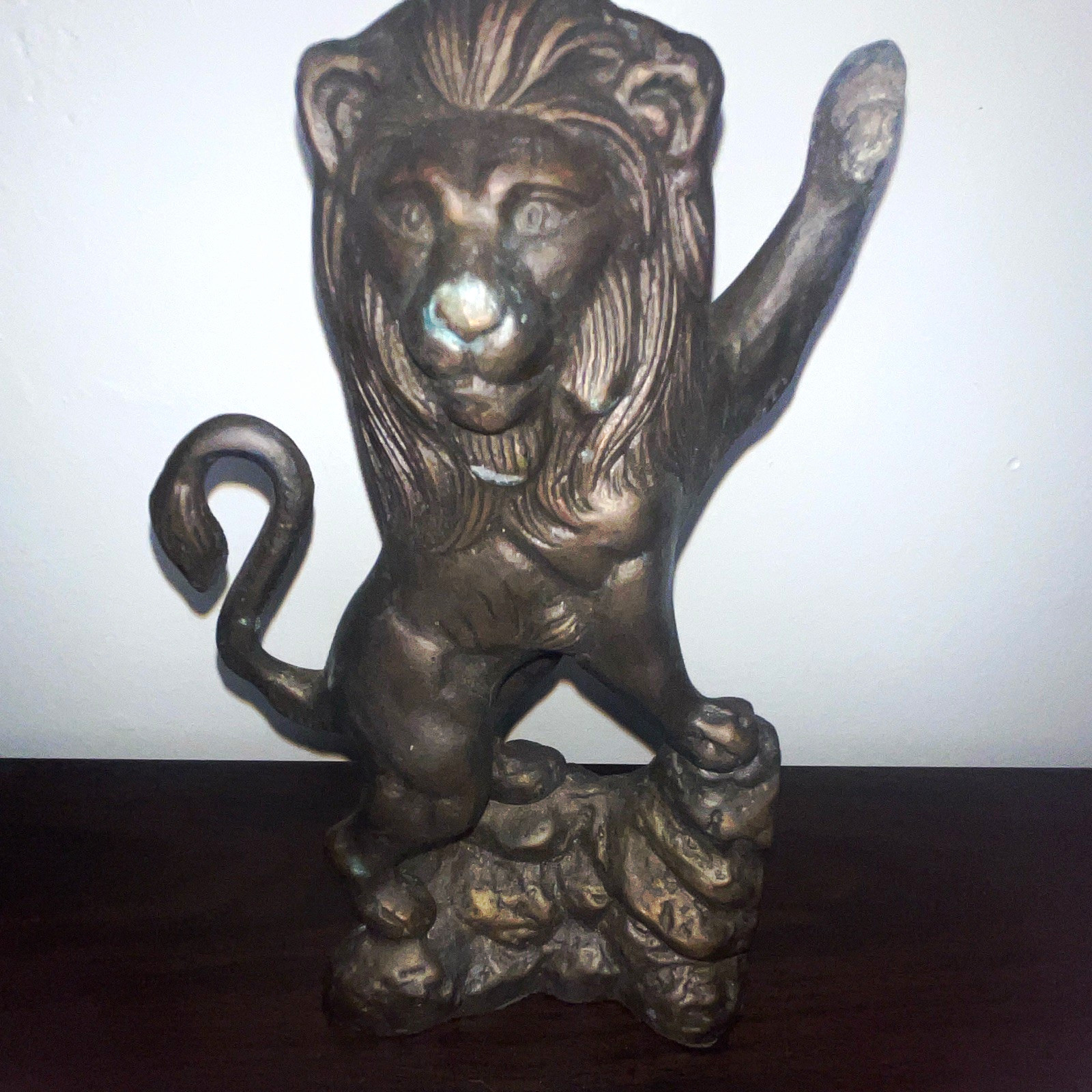 Bronze Tone Metal Lion Figurine Sculpture on Rock Base Patina Finish Vintage