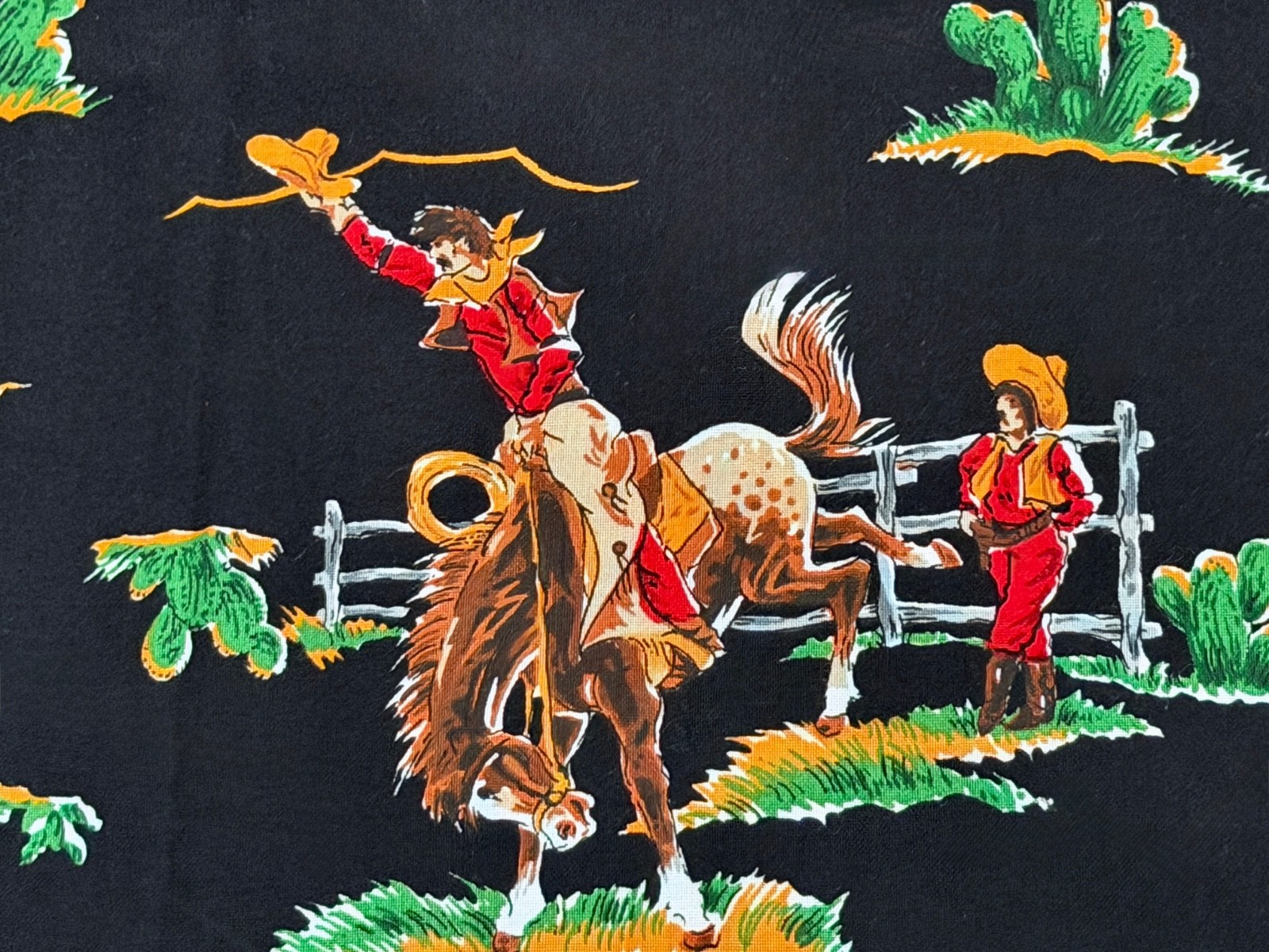 BLACK Retro Western Rodeo Cowboy Horses Mid Century Barkcloth Era Vintage Fabric BLACK Retro Western Rodeo Cowboy Horses Mid Century Barkcloth Era Vintage Fabric