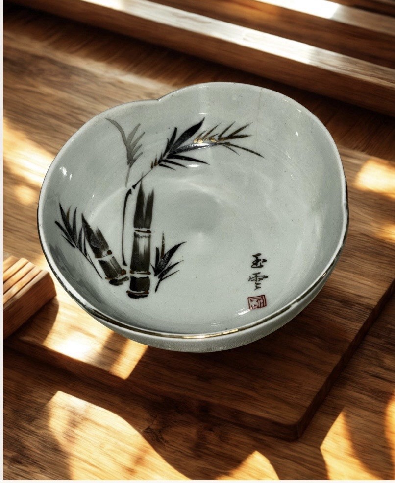 Vintage Signed Japanese Studio Porcelain Bamboo Bowl Hand Painted Showa Era