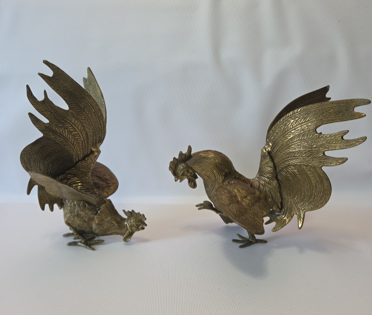 Vintage Mid Century Pair Brass Fighting Roosters Bronze Plated Collection Vintage Mid Century Pair Brass Fighting Roosters Bronze Plated Collection