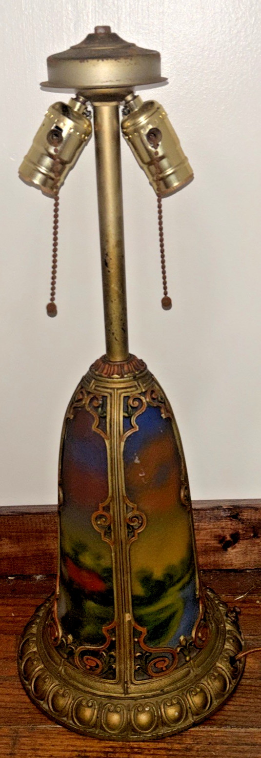 Antique Reverse Painted Slag Glass Landscape Country Scene Lamp Base *No Shade Antique Reverse Painted Slag Glass Landscape Country Scene Lamp Base *No Shade