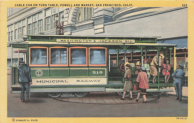 Postcard CA: Cable Car on Turntable, Powell & Market, San Francisco Linen Postcard CA: Cable Car on Turntable, Powell & Market, San Francisco Linen