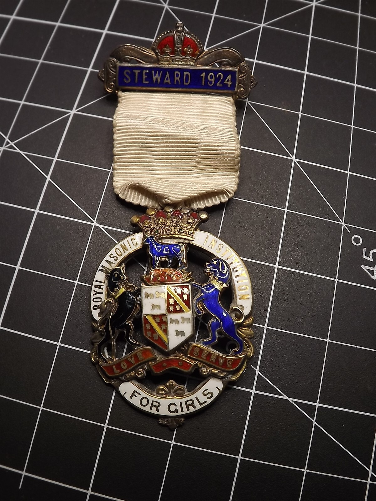 1924 Royal Masonic Institution Sterling Silver Enameled Medal Steward Mason 1924 Royal Masonic Institution Sterling Silver Enameled Medal Steward Mason
