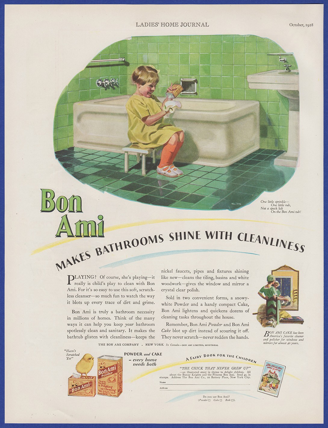 Vintage 1928 BON AMI Cleanser Powder Cake Polish Bathroom Décor 20\'s Print Ad