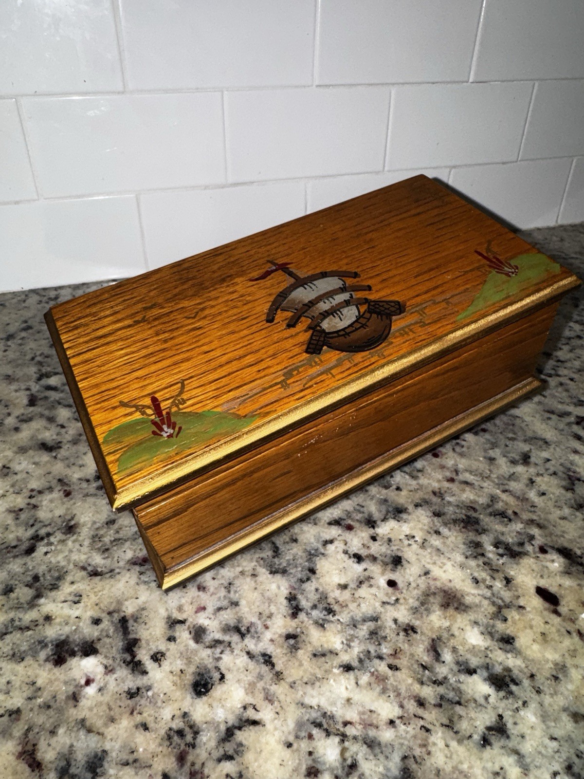 RARE  Vintage Jasper Cabinet Hand Painted Wooden Jewelry Box Velvet Hand Decora