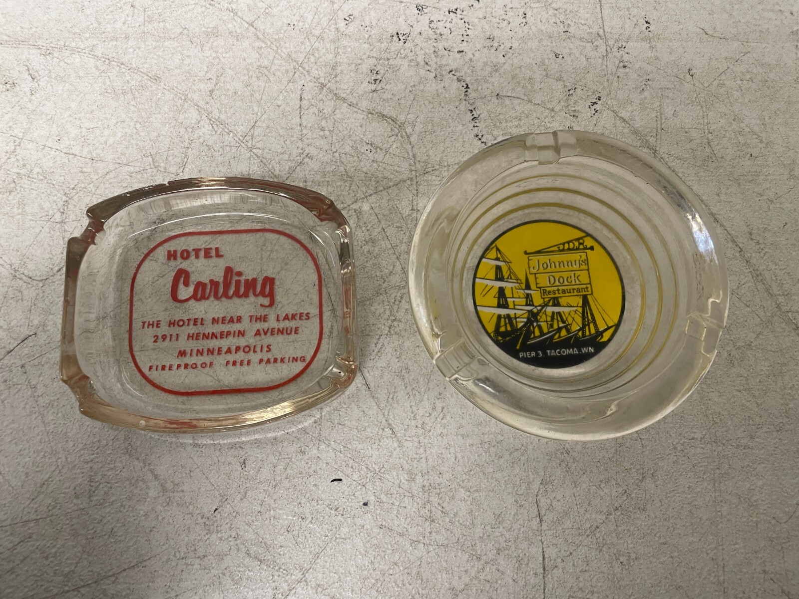 Vintage Hotel Carling Johnny\'s Dock Glass Souvenir Ashtrays Vintage Hotel Carling Johnny\'s Dock Glass Souvenir Ashtrays