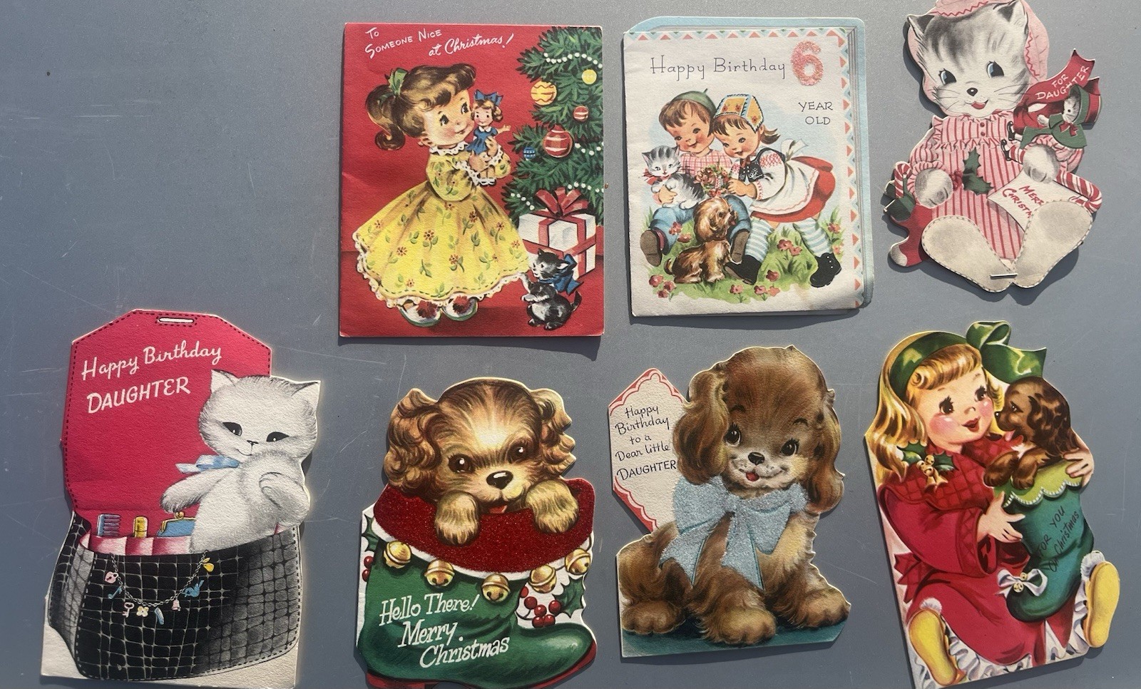Vintage 40s - 50s Used Greeting Card Lot Of 7 Cute Dog Cat Some Anthropomorphic