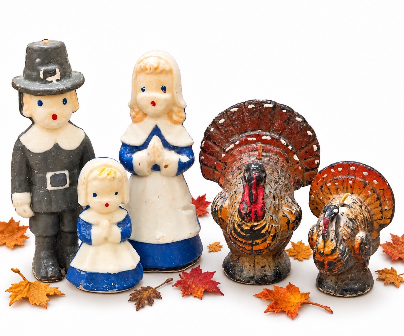 Vintage Gurley Wax Candle Lot Pilgrim Family & Thanksgiving Turkeys With Tags