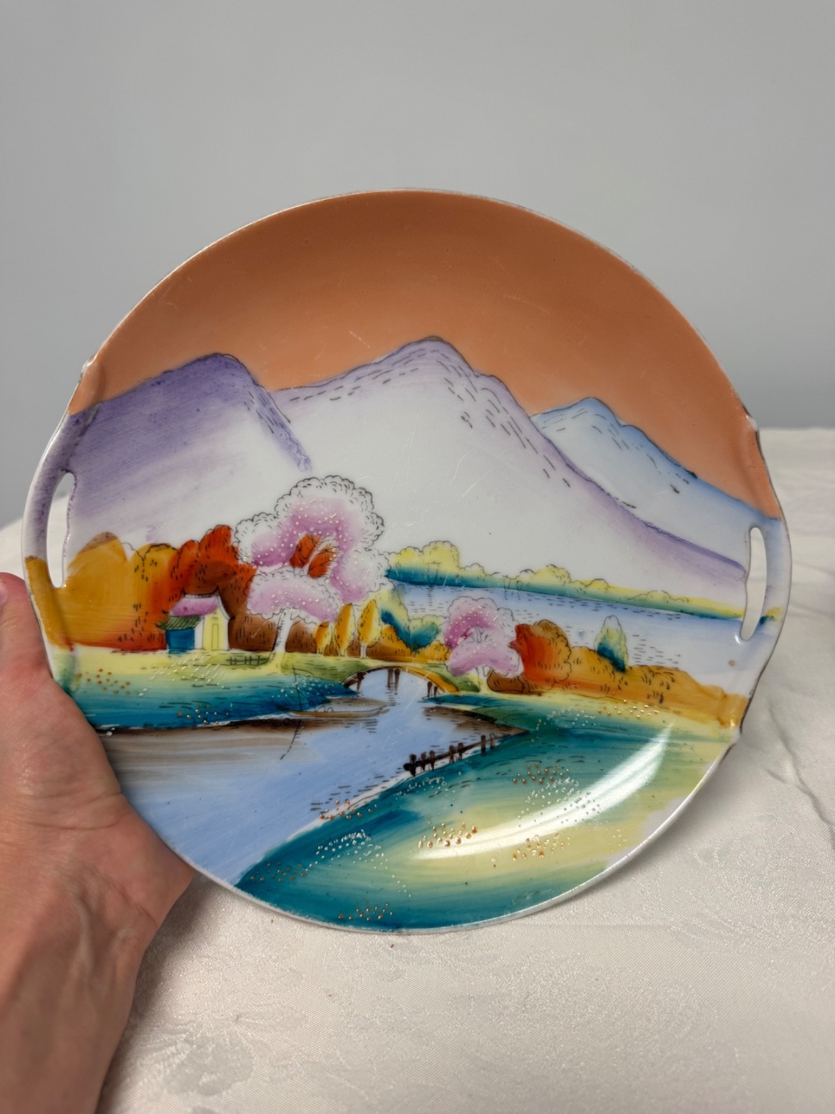 Vintage Japanese Hand Painted Dish Cutout Handles
