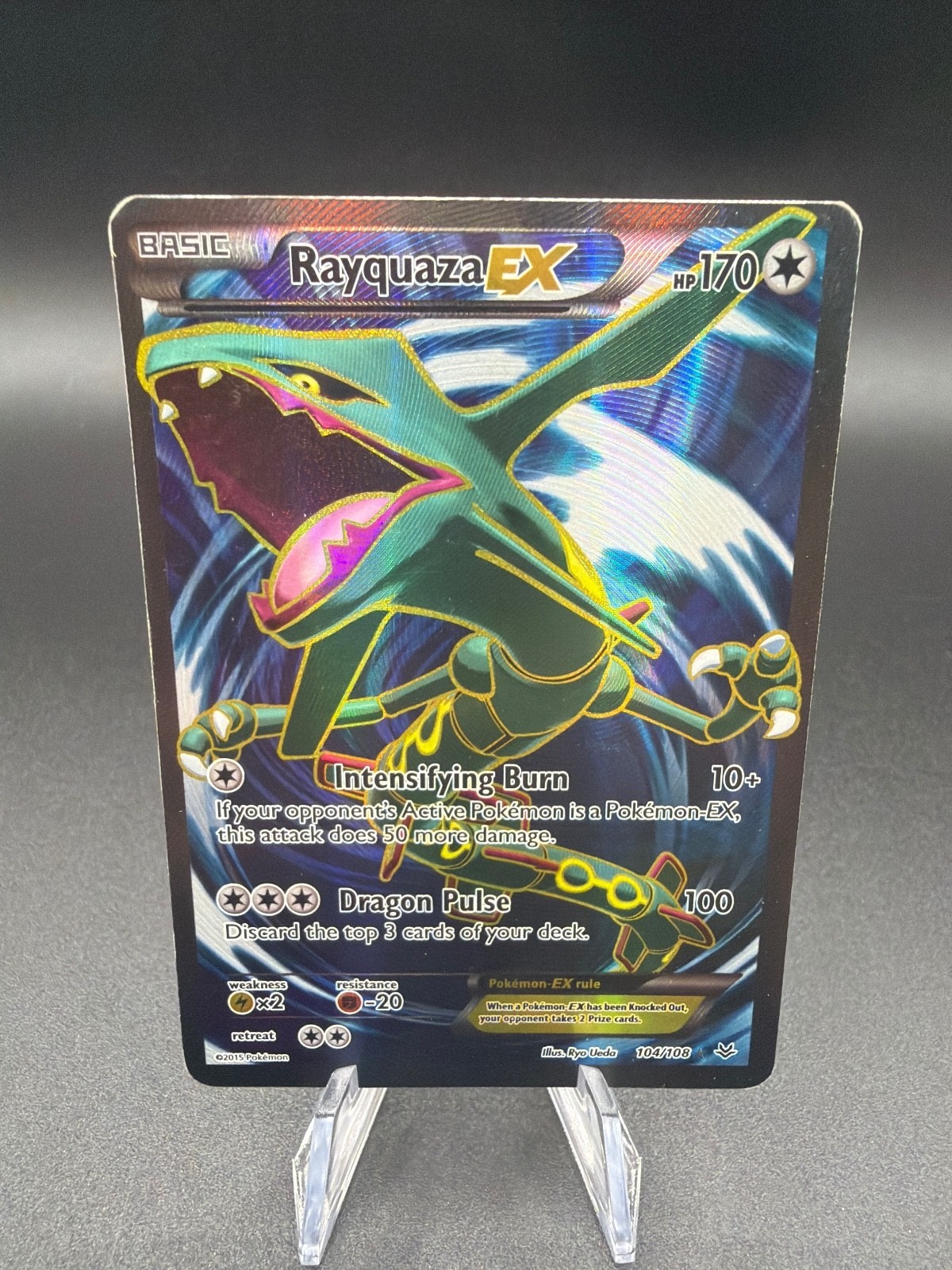 LP+ Pokemon Rayquaza EX 104/108 Roaring Skies Full Art Holo ENG 2015 LP+ Pokemon Rayquaza EX 104/108 Roaring Skies Full Art Holo ENG 2015