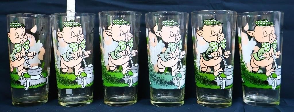 Six 1976 Vintage Pepsi Porky Pig Glass Drinking Glasses 6” Six 1976 Vintage Pepsi Porky Pig Glass Drinking Glasses 6”