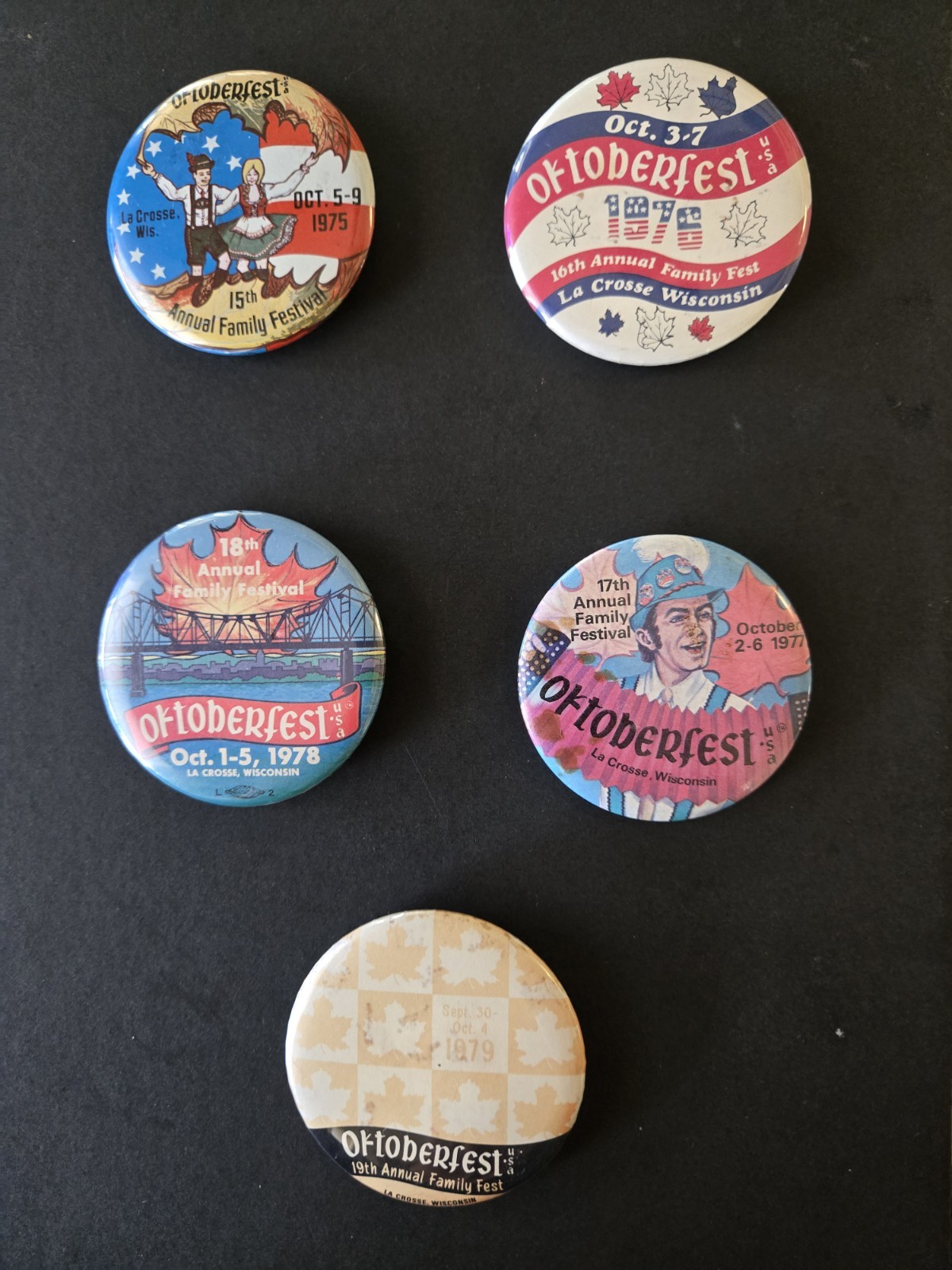 Oktoberfest La Crosse Wis. Original Annual Pinback Buttons 1975-79 Lot (5)