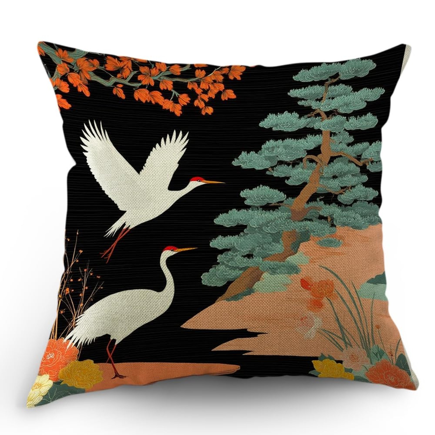 Moslion Heron Throw Pillow Cover Japanese Crane Asian Oriental Birds Blooming...