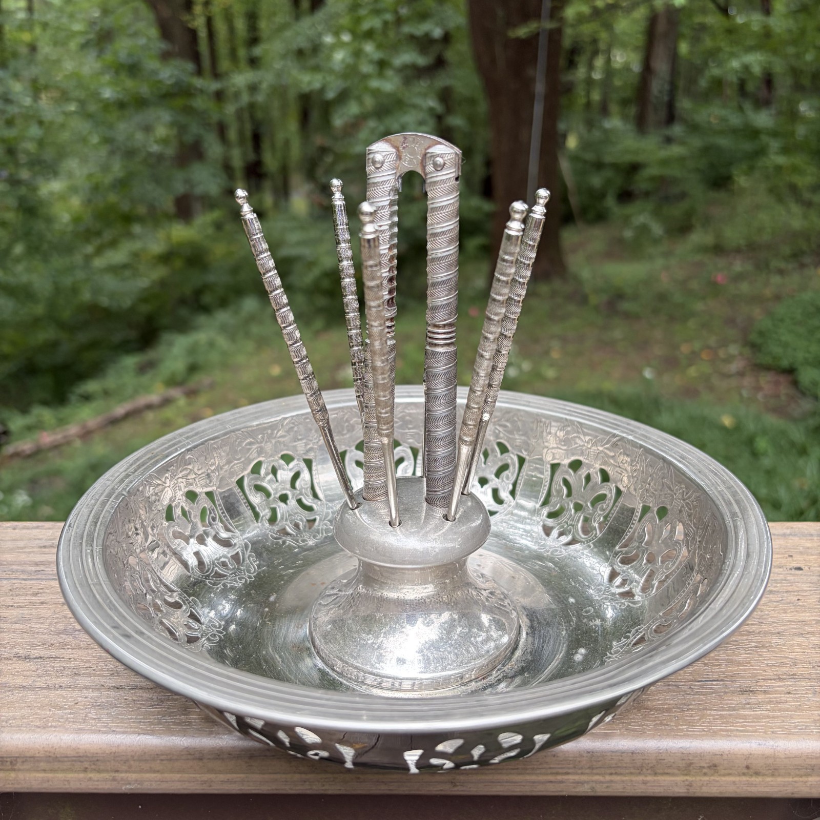 Vintage Silverplate Reticulated Nut Dish with Nutcracker and Six Nut Picks