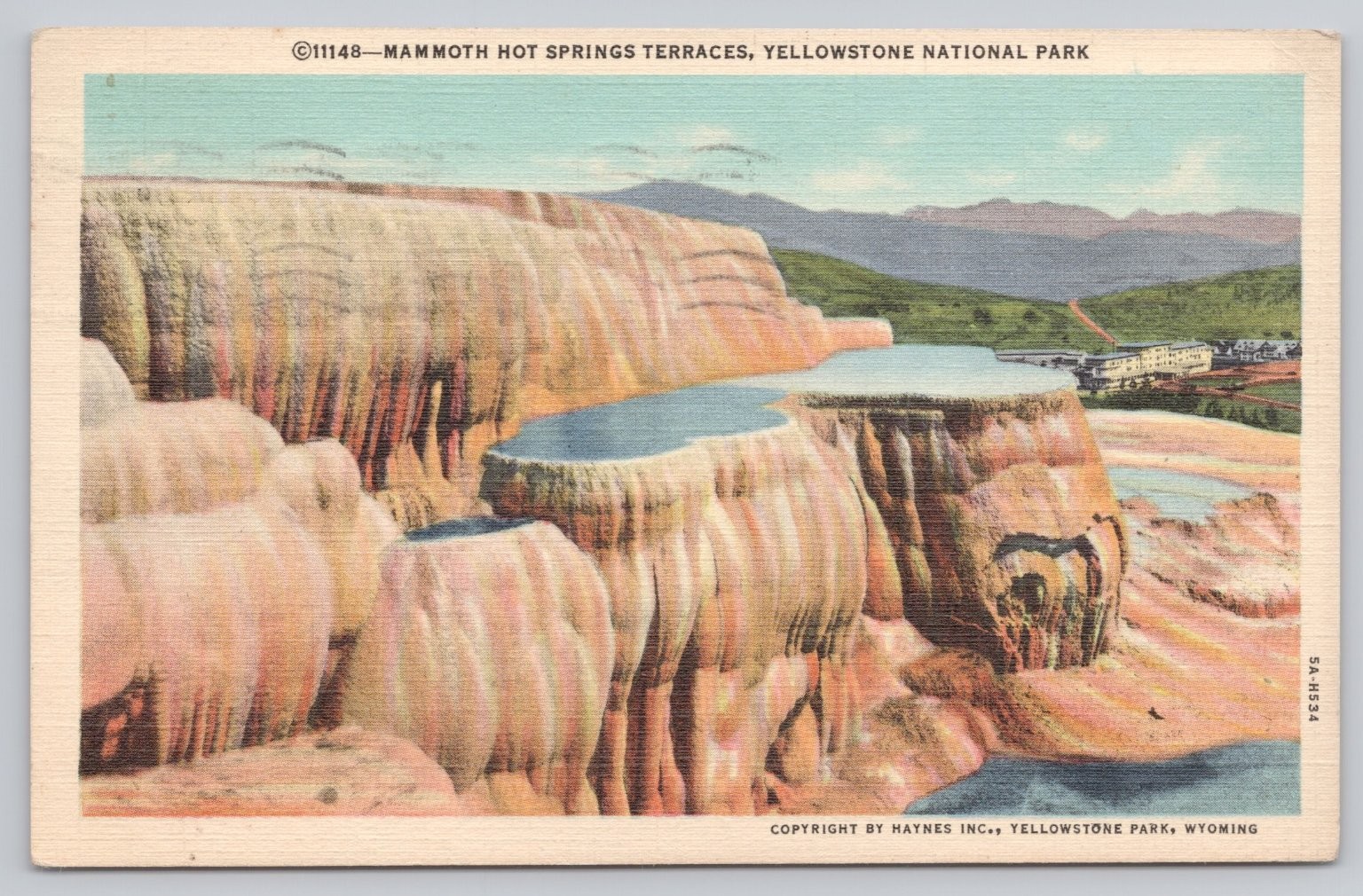 Mammoth Hot Springs Terraces Yellowstone Park WY Linen Postcard 1930s-40s
