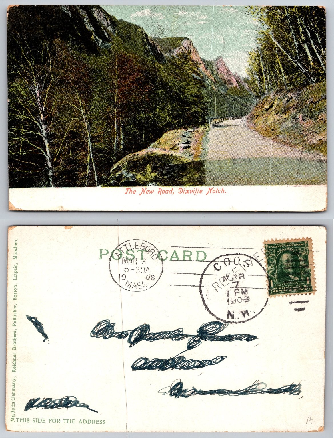 Dixville Notch New Road Postcard 1908 Attleboro MA Coos NH Posted Germany Dixville Notch New Road Postcard 1908 Attleboro MA Coos NH Posted Germany