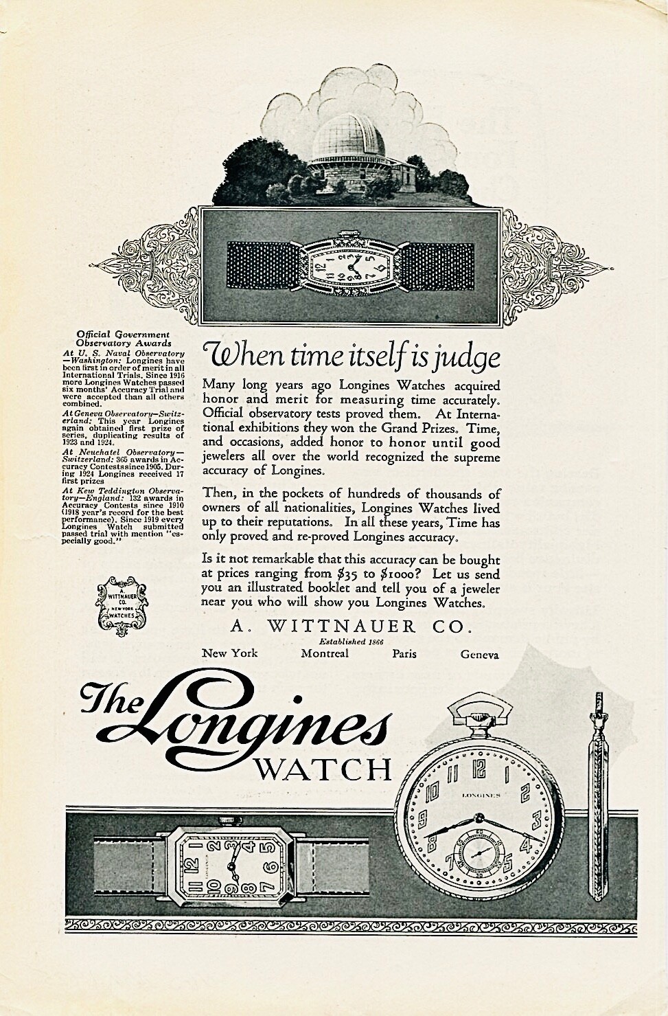 1925 ~ The Longines Watch ~ A. Wittnauer Co. ~ VINTAGE PRINT AD