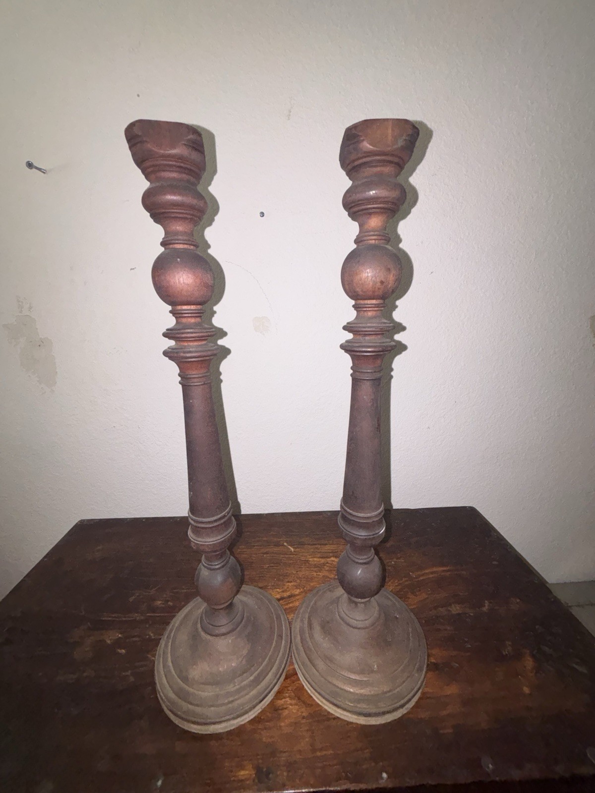Antique 18” Pair Turned Wooden Candlesticks Victorian Colonial Revival Walnut