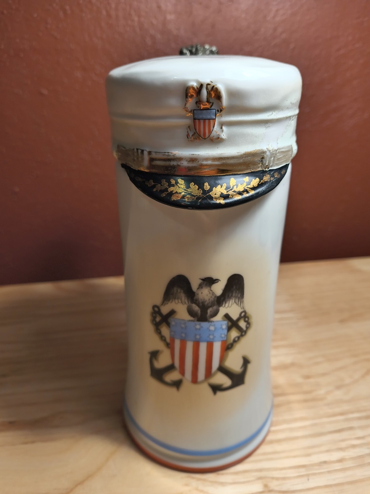 Vintage US Navy Porcelain Beer Stein Figural Officer Hat Lid Lithophane Germany