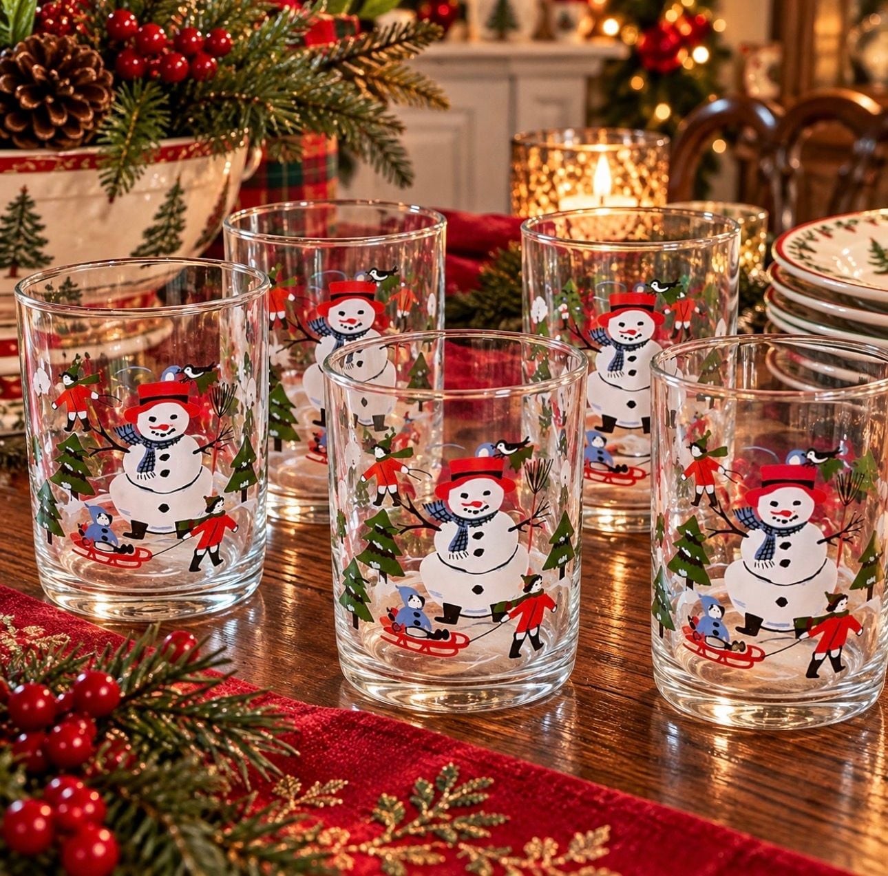 Vintage Pfaltzgraff Snow Village Christmas Glasses Set of 5 Snowman 4.5”
