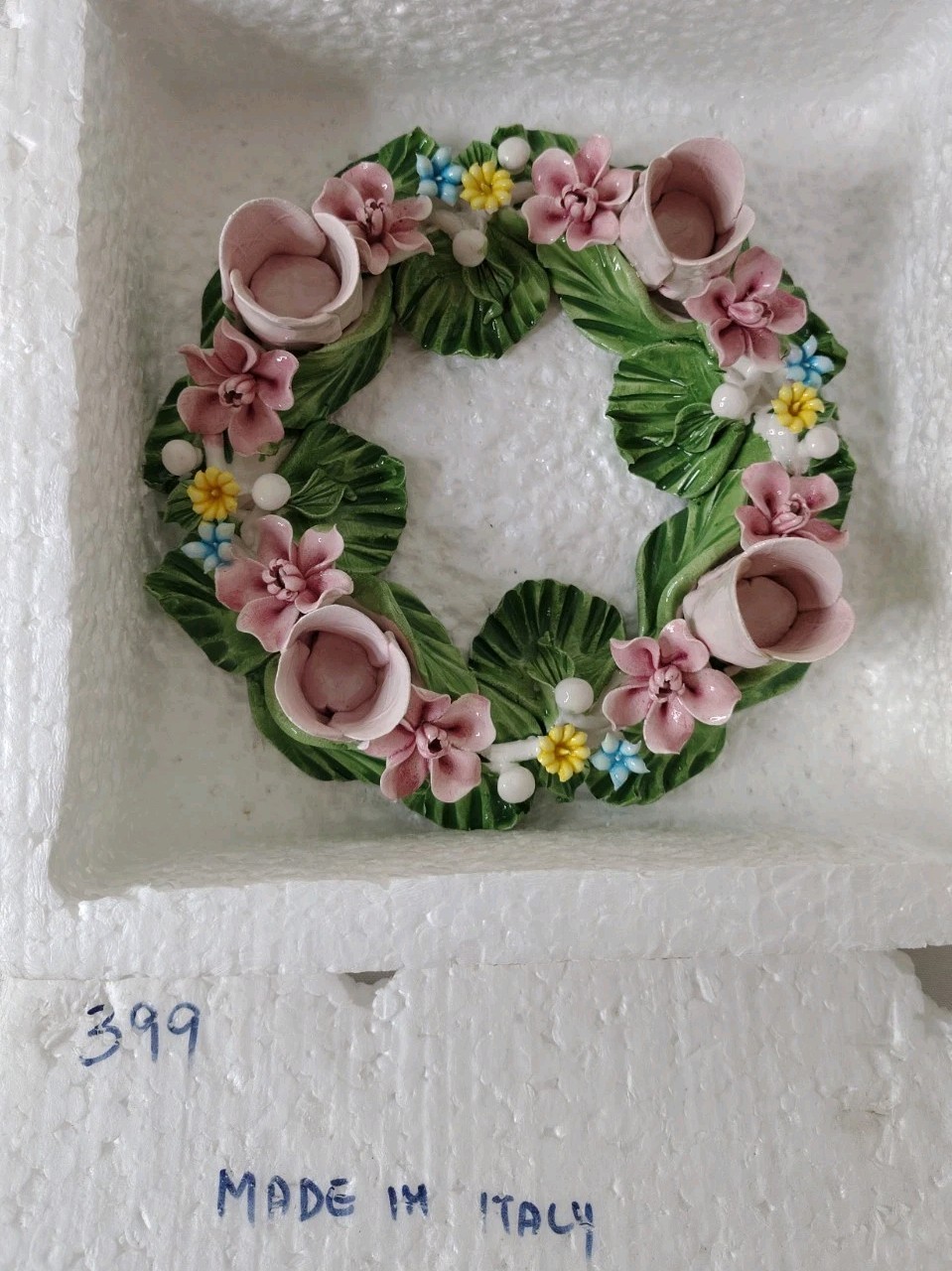 Italian Ceramic floral candleholder wreath With Flowers /Leaves Handmade Rare Italian Ceramic floral candleholder wreath With Flowers /Leaves Handmade Rare