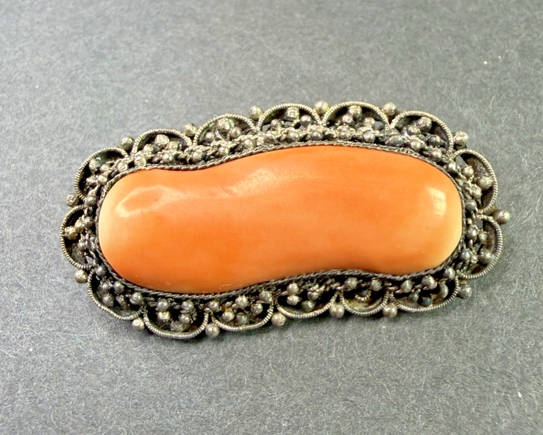 Detailed Chinese Export Coral Pin Brooch Intricate FILIGREE Old Silver 1.5 Inch Detailed Chinese Export Coral Pin Brooch Intricate FILIGREE Old Silver 1.5 Inch