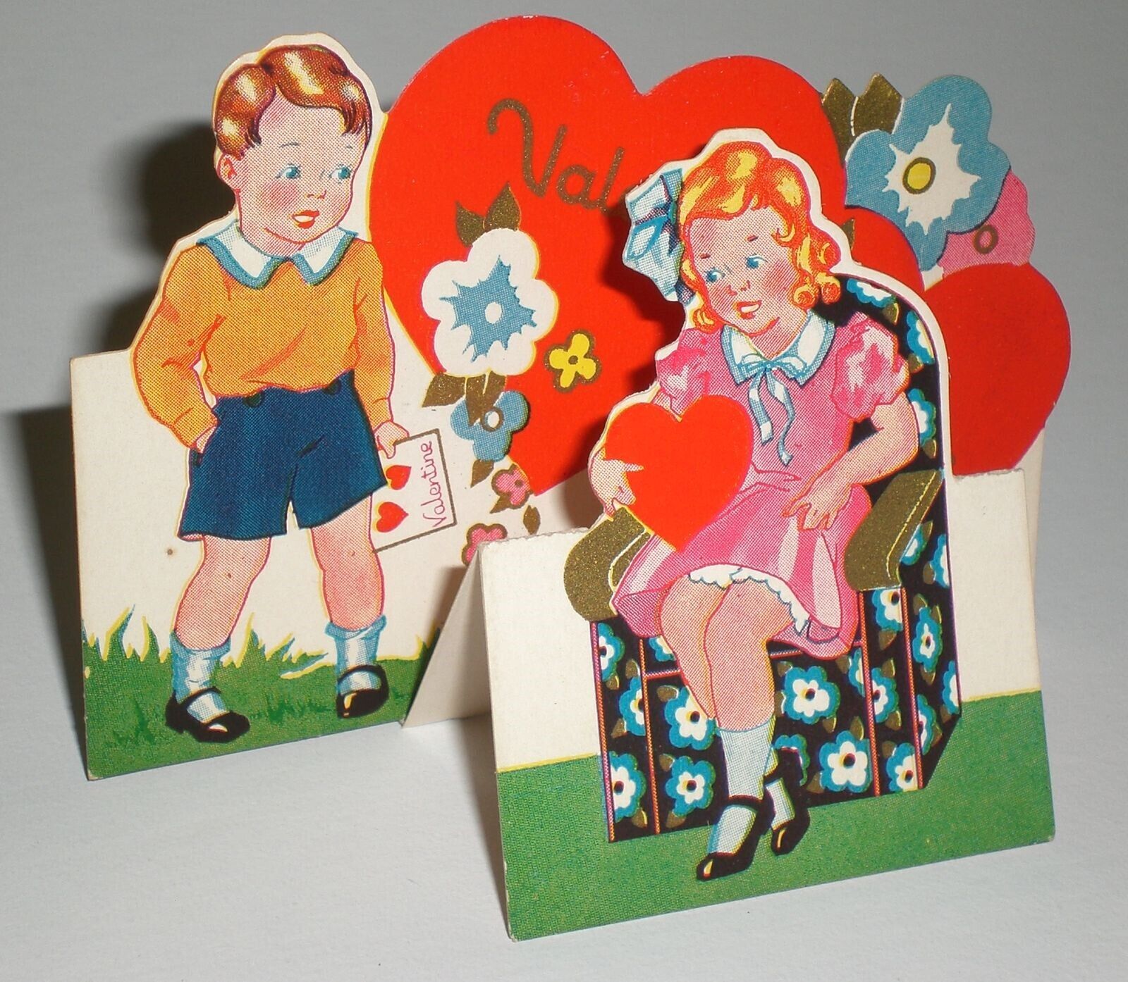 Girl Floral Arm Chair Boy Holds Valentine Vintage Stand Up Mechanical Card