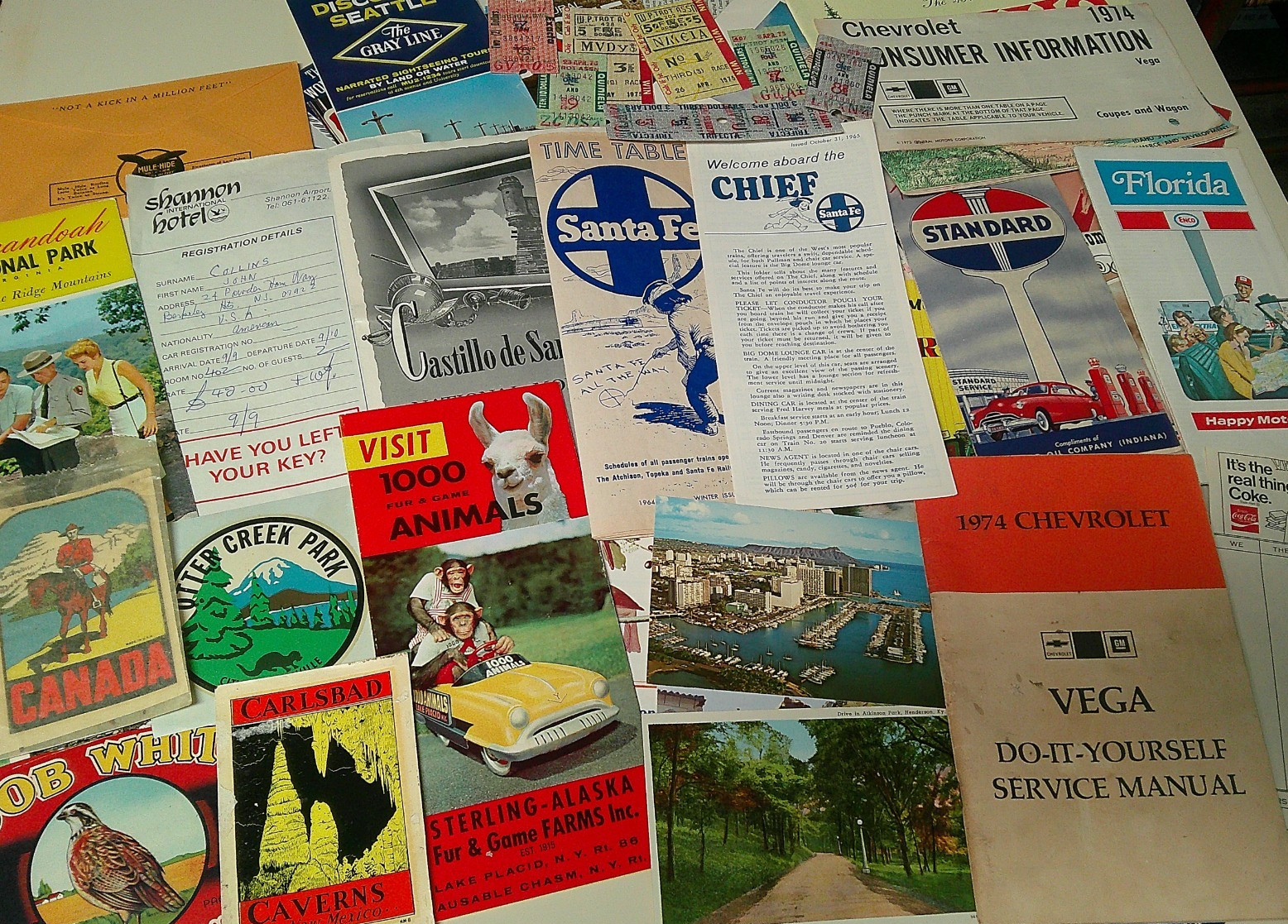 Large Vintage Lot Ephemera Brochures Postcards Decals maps Tickets Travel