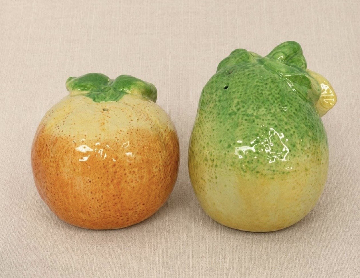 Vintage Japan Fruit Salt Pepper Shakers Ceramic Pear Orange Kitchen Decor