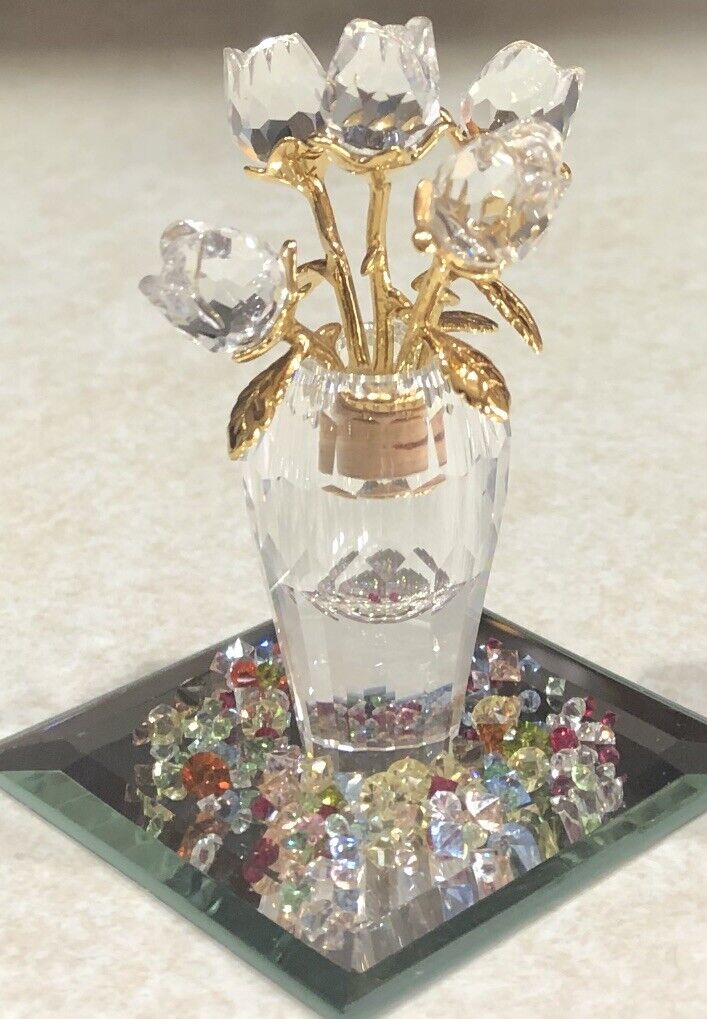 Swarovski Five Rose Vase With Multicolored Crystals With Box